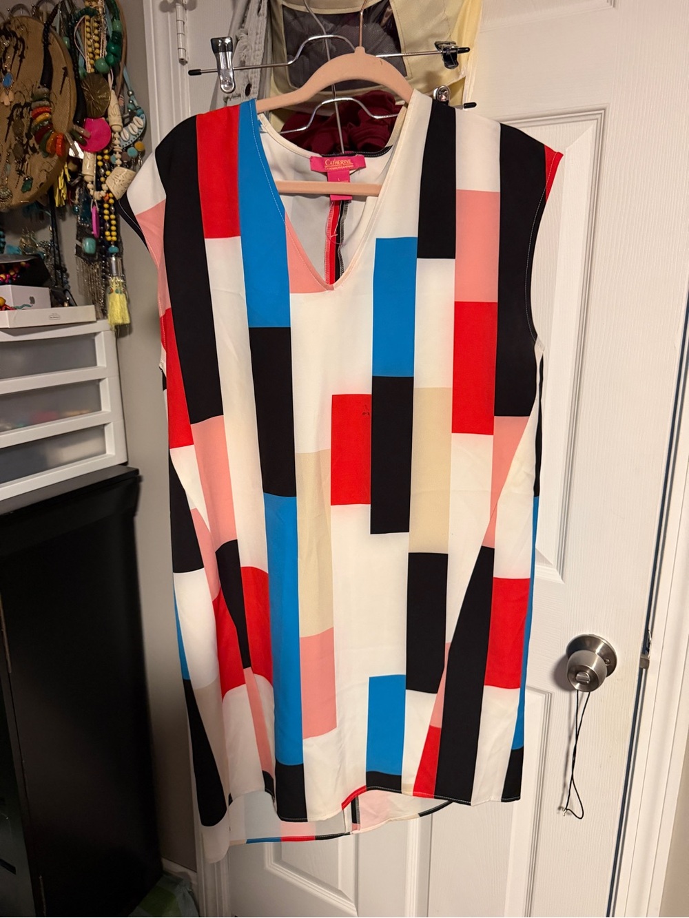 Geometric Colorblock Midi Dress - Blue, Red, Black, Cream